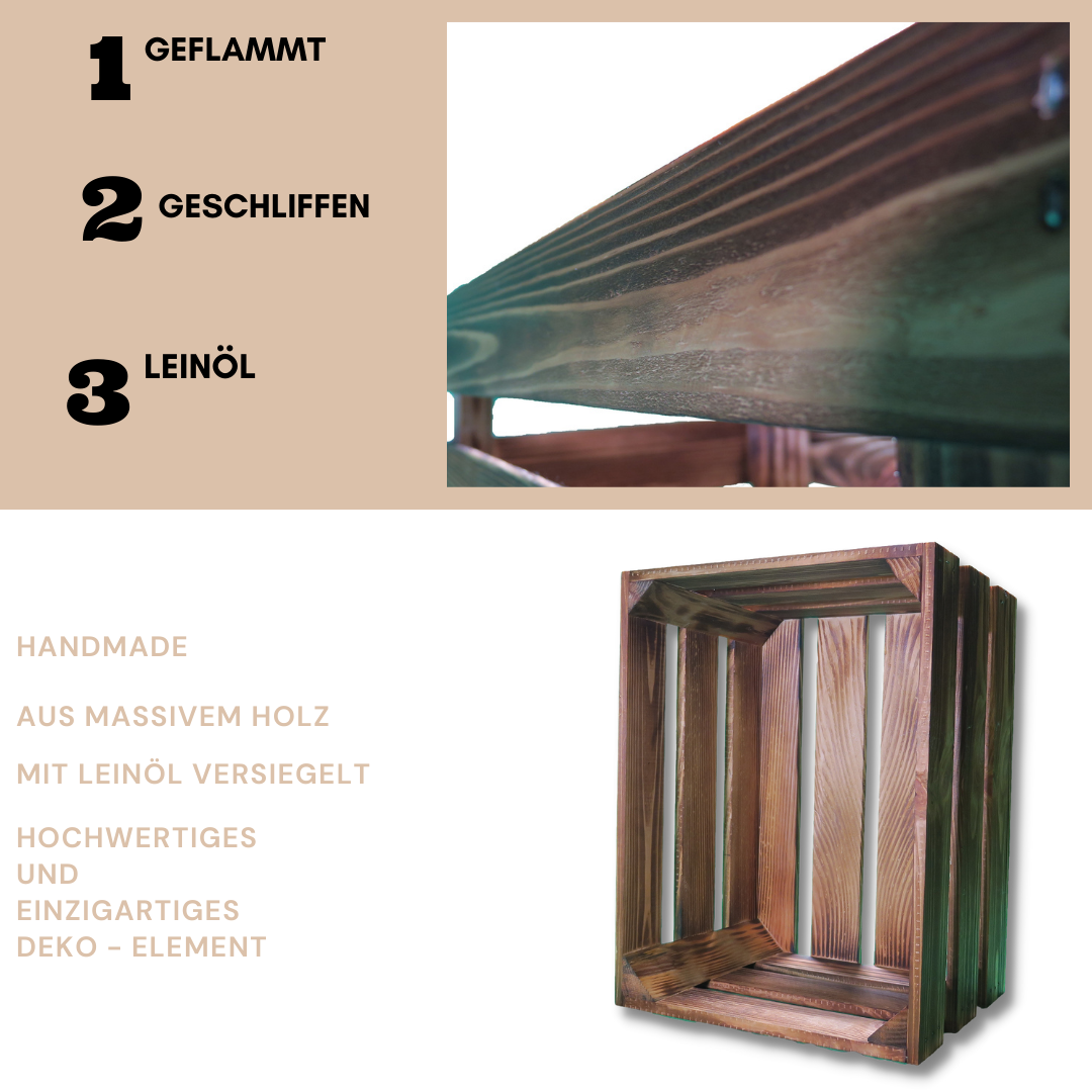 Geflammte Weinkiste - Holzkiste | Premium Qualität: Geflammt + Geschliffen + mit Leinöl versiegelt | L