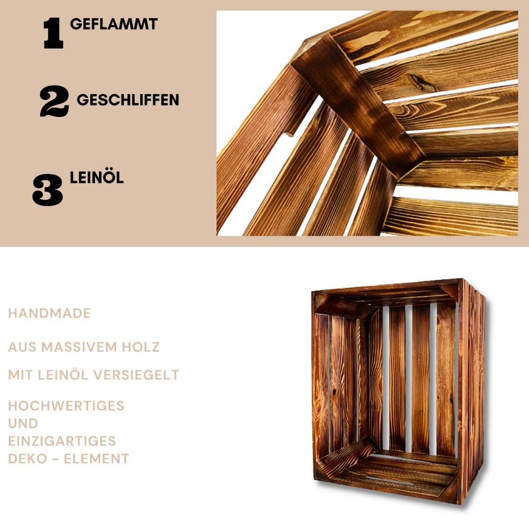 Spar Set 3 Stück Geflammte Weinkiste - Holzkiste | Premium Qualität: Geflammt + Geschliffen + mit Leinöl versiegelt | Vintage Deko: Weinkisten Holz, Obstkiste Holz, Holzkiste, Weinkisten Holz (XL)