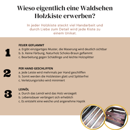 Zweifach Geflammte Weinkiste - Holzkiste | Premium Qualität: Geflammt + Geschliffen + mit Leinöl versiegelt | Schoko-Braun L