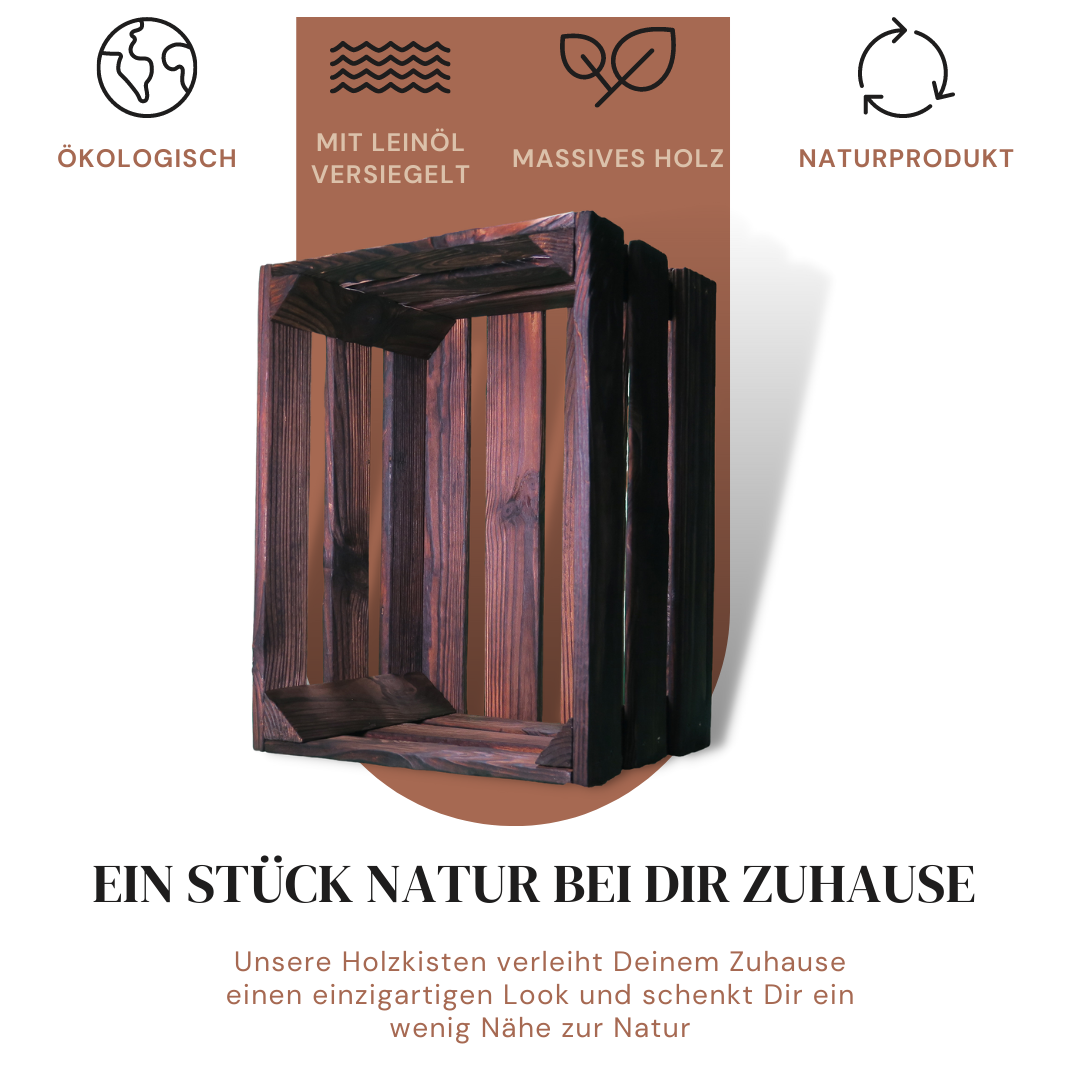 Zweifach Geflammte Weinkiste - Holzkiste | Premium Qualität: Geflammt + Geschliffen + mit Leinöl versiegelt | Schoko-Braun L