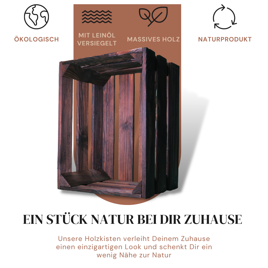 Zweifach Geflammte Weinkiste - Holzkiste | Premium Qualität: Geflammt + Geschliffen + mit Leinöl versiegelt | Schoko-Braun XL