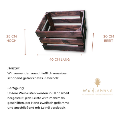 Zweifach Geflammte Weinkiste - Holzkiste | Premium Qualität: Geflammt + Geschliffen + mit Leinöl versiegelt | Schoko-Braun L