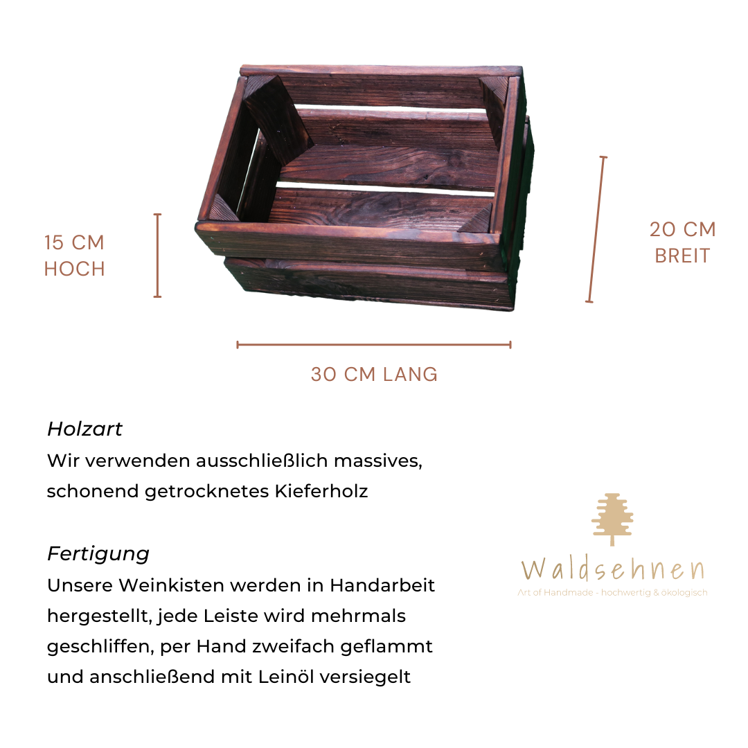Zweifach Geflammte Weinkiste - Holzkiste | Premium Qualität: Geflammt + Geschliffen + mit Leinöl versiegelt | Schoko-Braun M