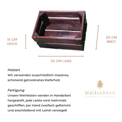 Zweifach Geflammte Weinkiste - Holzkiste | Premium Qualität: Geflammt + Geschliffen + mit Leinöl versiegelt | Schoko-Braun M