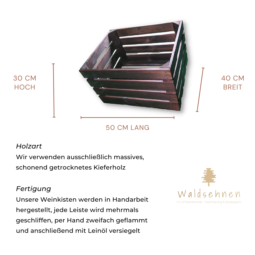 Zweifach Geflammte Weinkiste - Holzkiste | Premium Qualität: Geflammt + Geschliffen + mit Leinöl versiegelt | Schoko-Braun XL