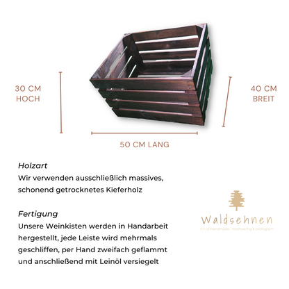 Zweifach Geflammte Weinkiste - Holzkiste | Premium Qualität: Geflammt + Geschliffen + mit Leinöl versiegelt | Schoko-Braun XL