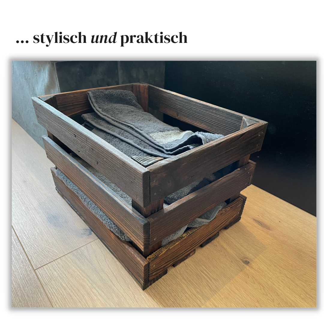 Zweifach Geflammte Weinkiste - Holzkiste | Premium Qualität: Geflammt + Geschliffen + mit Leinöl versiegelt | Schoko-Braun L