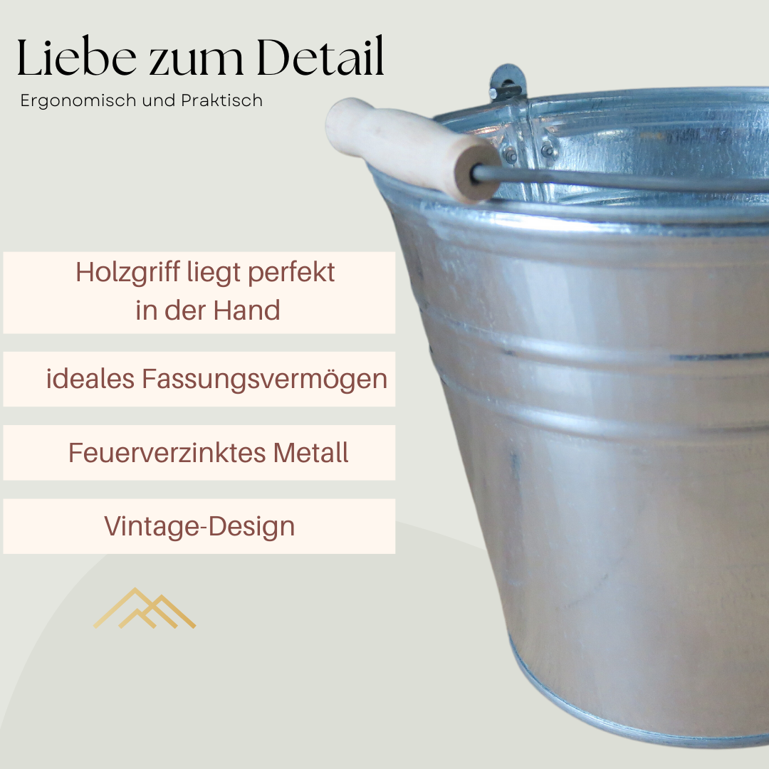 Zinkeimer 12 Liter - perfekte Kombination für Haus und Garten - mit Holzgriffen + Deckel