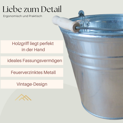 Zinkeimer 12 Liter - perfekte Kombination für Haus und Garten - mit Holzgriffen + Deckel