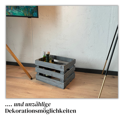Graue Weinkiste - Holzkiste | Premium Qualität: Geflammt + Geschliffen + Acrylfarbe + mit Leinöl versiegelt | Grau L