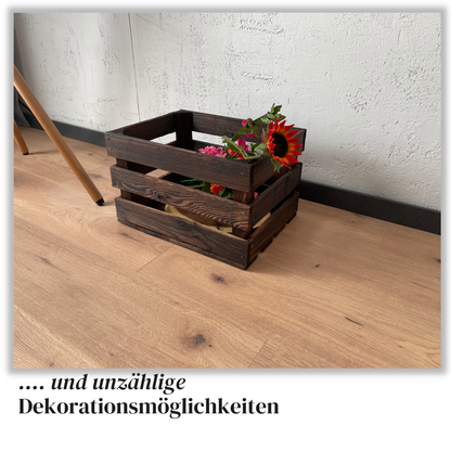 Zweifach Geflammte Weinkiste - Holzkiste | Premium Qualität: Geflammt + Geschliffen + mit Leinöl versiegelt | Schoko-Braun L