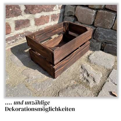 Zweifach Geflammte Weinkiste - Holzkiste | Premium Qualität: Geflammt + Geschliffen + mit Leinöl versiegelt | Schoko-Braun M