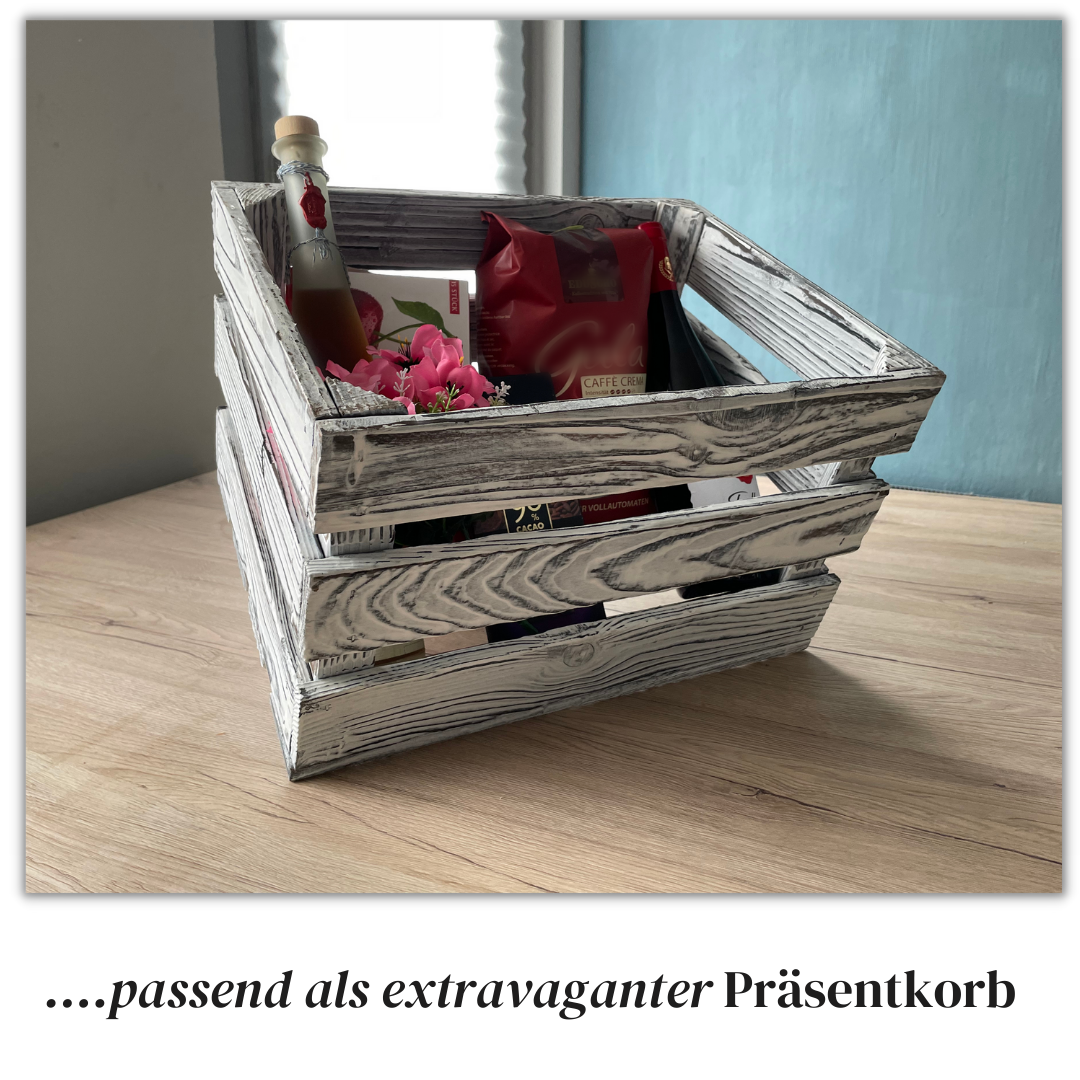 Weiße Weinkiste - Holzkiste | Premium Qualität: Geflammt + Geschliffen + Acrylfarbe + mit Leinöl versiegelt | Weiß L