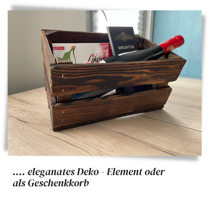 Zweifach Geflammte Weinkiste - Holzkiste | Premium Qualität: Geflammt + Geschliffen + mit Leinöl versiegelt | Schoko-Braun M