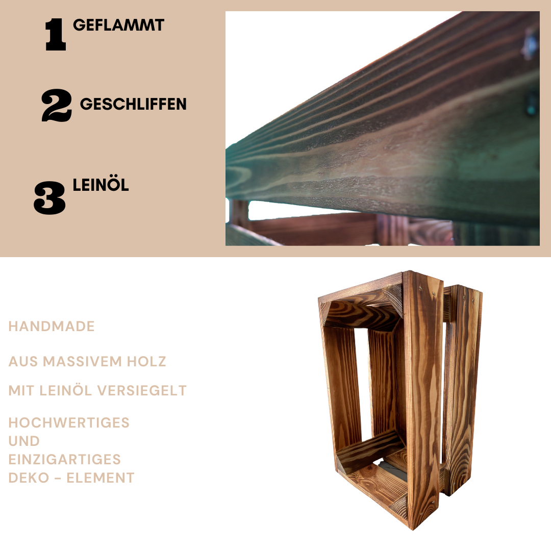 Geflammte Weinkiste - Holzkiste | Premium Qualität: Geflammt + Geschliffen + mit Leinöl versiegelt | M