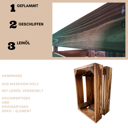 Geflammte Weinkiste - Holzkiste | Premium Qualität: Geflammt + Geschliffen + mit Leinöl versiegelt | M