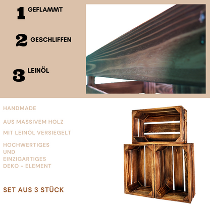 Sparset 3 Stück - Geflammte Weinkiste - Holzkiste | Premium Qualität: Geflammt + Geschliffen + mit Leinöl versiegelt | M